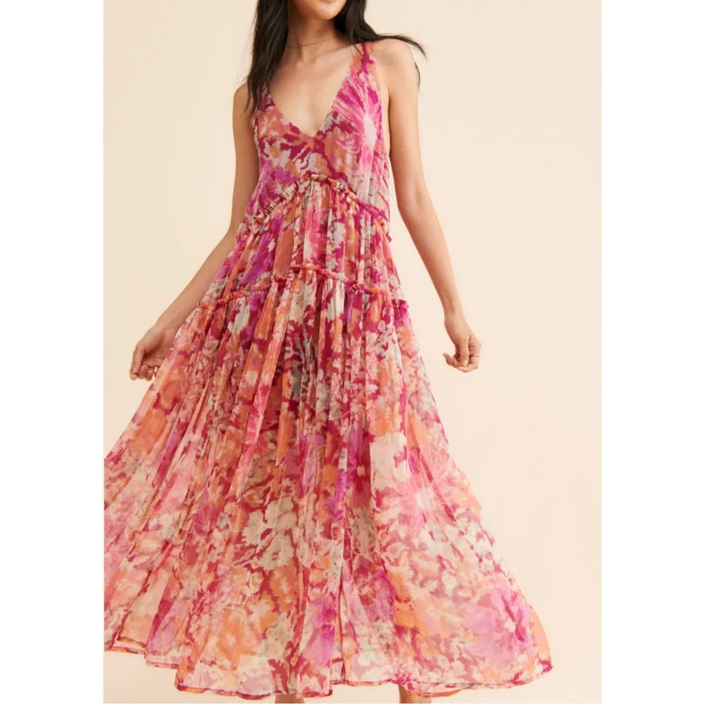 NEW FREE PEOPLE CHERRY RED PINK JULIANNA FLORAL MAXI DRESS SZ M
